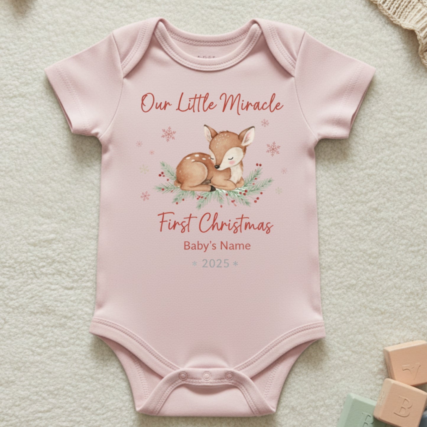 Our Little Miracle First Christmas Baby Onesie - Personalized Deer Design Bodysuit - Custom Name & Year Holiday Baby Gift 2025