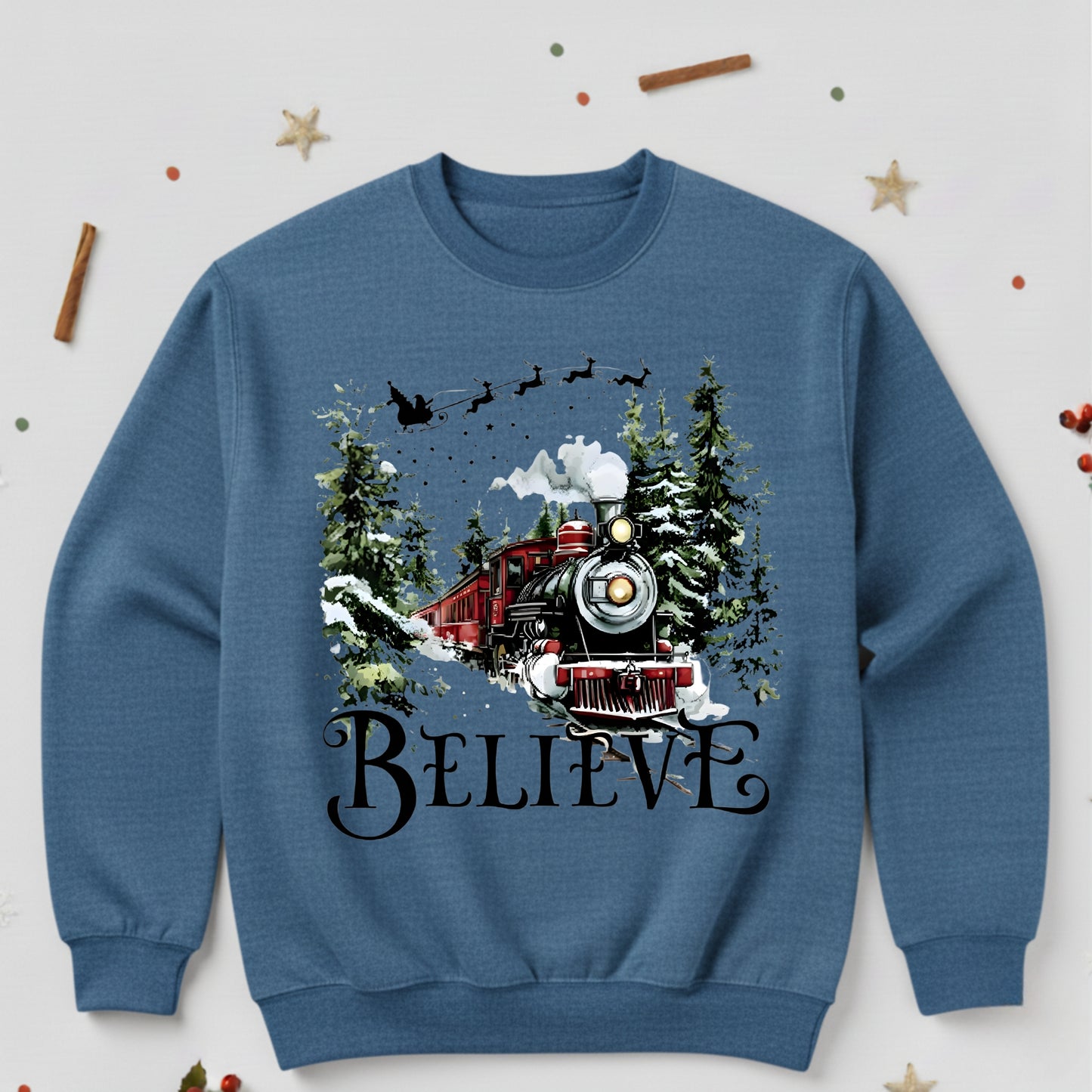 Believe Christmas Train Sweatshirt - Vintage Santa Sleigh Holiday Crewneck Pullover