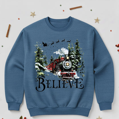 Believe Christmas Train Sweatshirt - Vintage Santa Sleigh Holiday Crewneck Pullover
