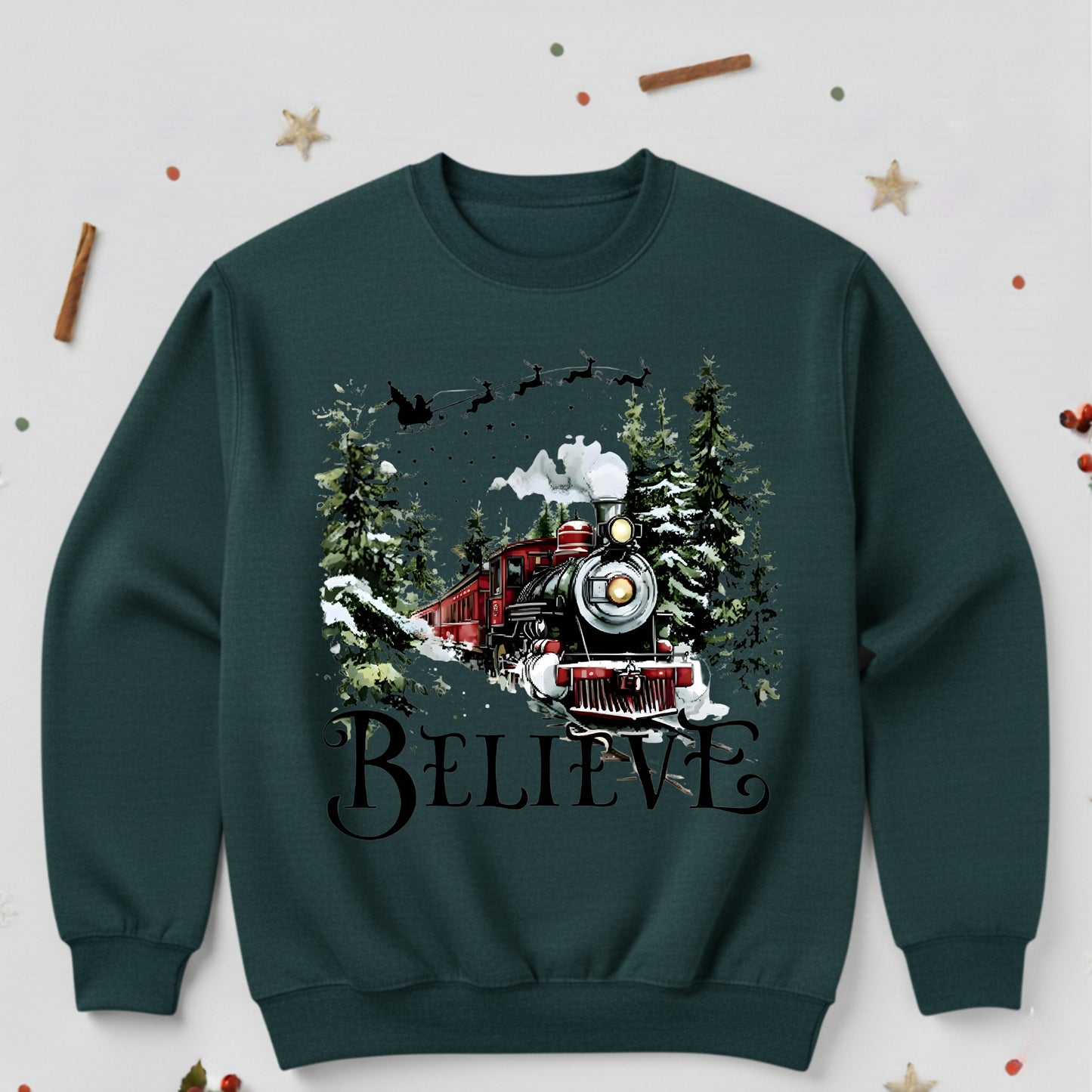 Believe Christmas Train Sweatshirt - Vintage Santa Sleigh Holiday Crewneck Pullover