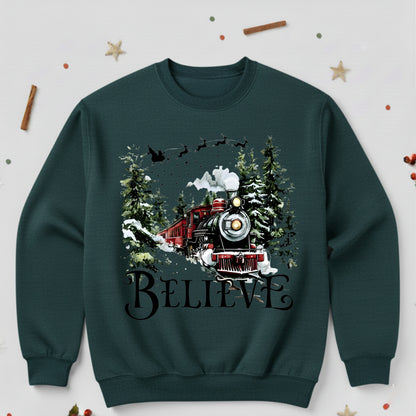 Believe Christmas Train Sweatshirt - Vintage Santa Sleigh Holiday Crewneck Pullover