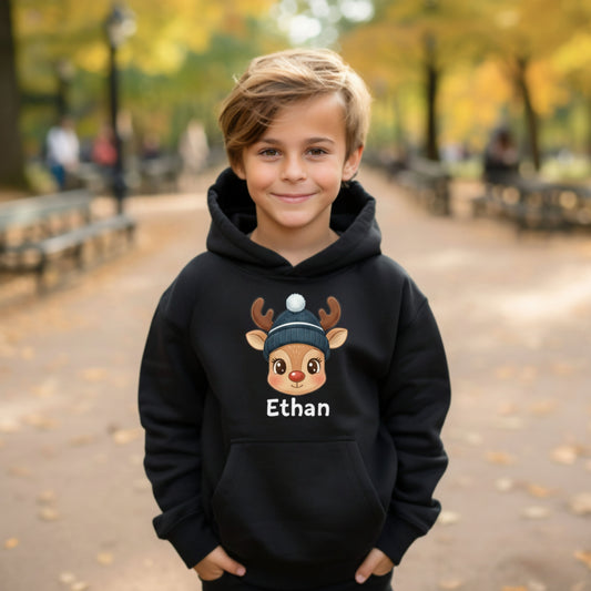 Custom Kids Christmas Hoodie - Cute Reindeer Design