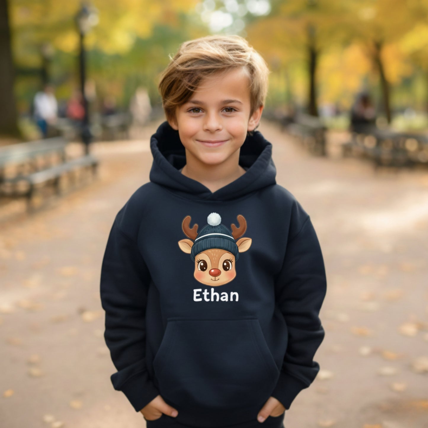 Custom Kids Christmas Hoodie - Cute Reindeer Design