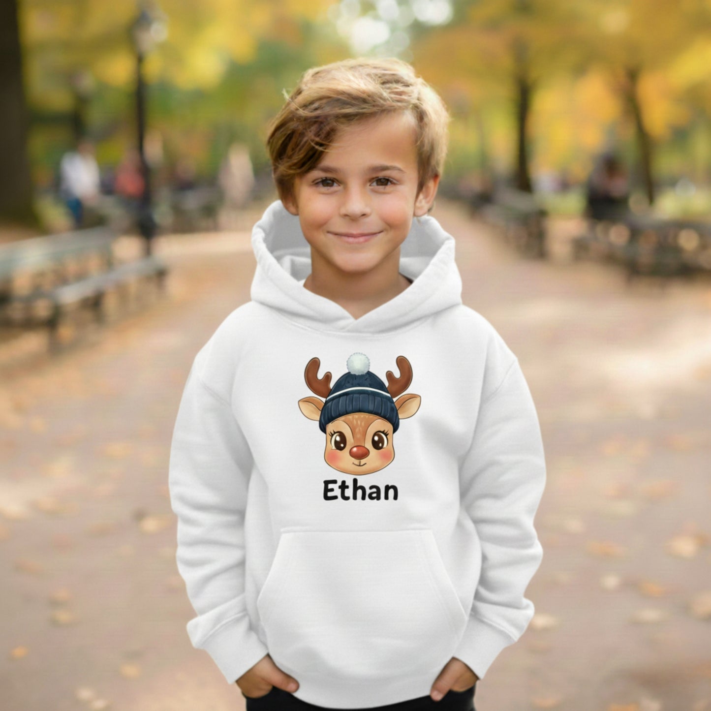 Custom Kids Christmas Hoodie - Cute Reindeer Design