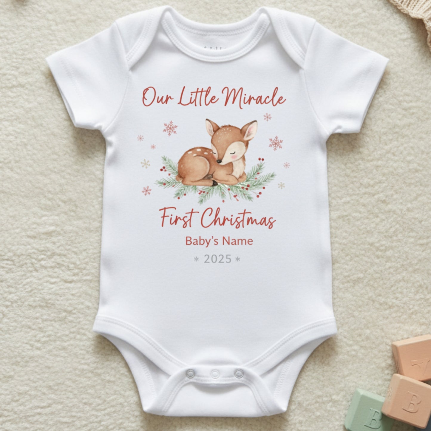 Our Little Miracle First Christmas Baby Onesie - Personalized Deer Design Bodysuit - Custom Name & Year Holiday Baby Gift 2025