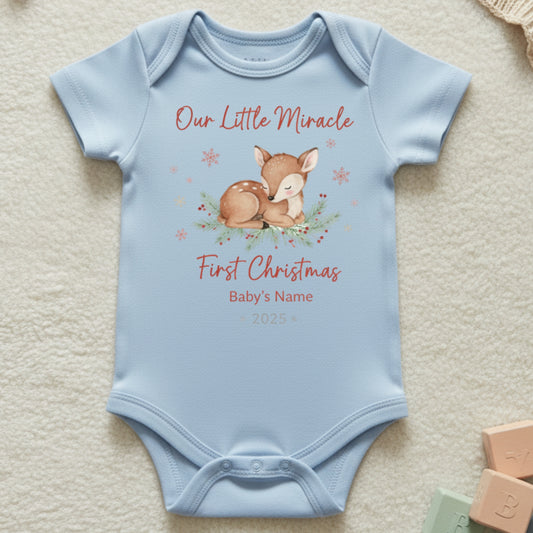 Our Little Miracle First Christmas Baby Onesie - Personalized Deer Design Bodysuit - Custom Name & Year Holiday Baby Gift 2025