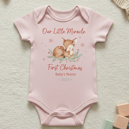 Our Little Miracle First Christmas Baby Onesie - Personalized Deer Design Bodysuit - Custom Name & Year Holiday Baby Gift 2025
