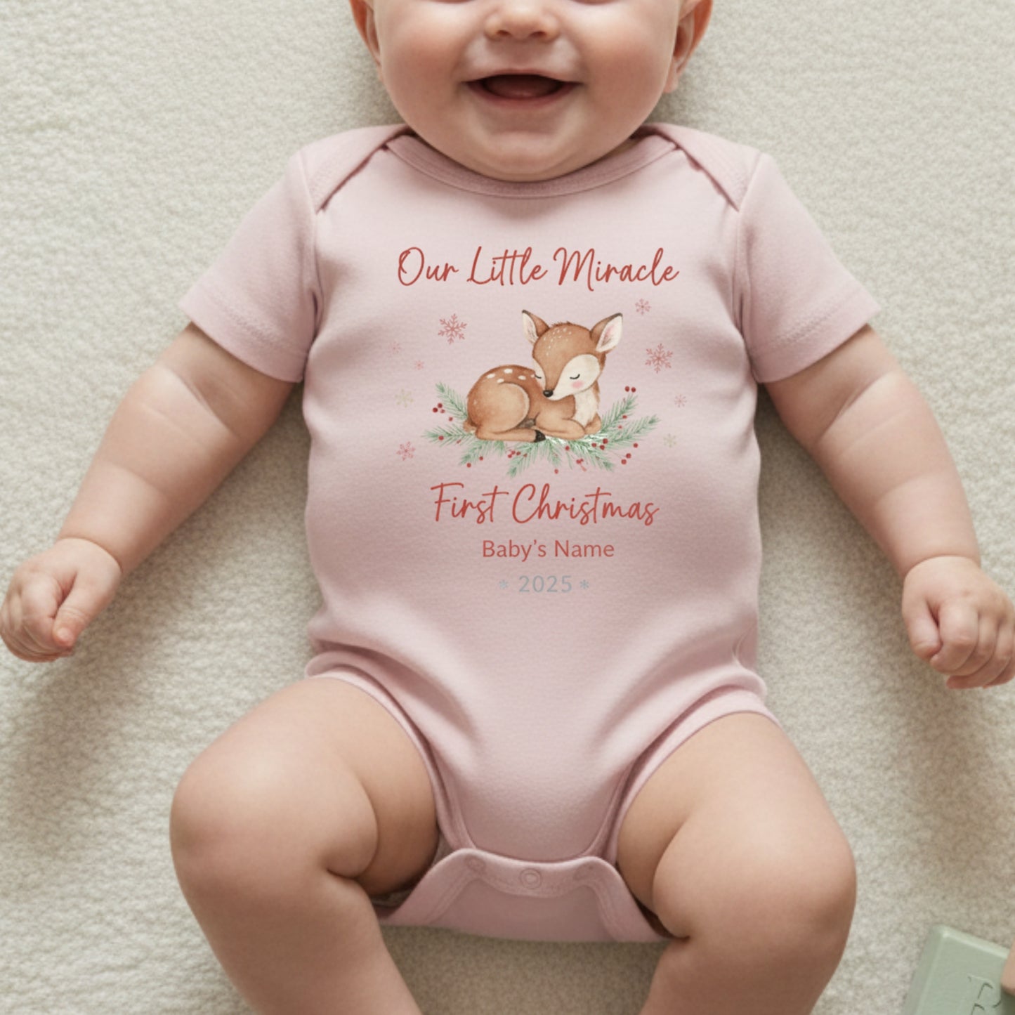 Our Little Miracle First Christmas Baby Onesie - Personalized Deer Design Bodysuit - Custom Name & Year Holiday Baby Gift 2025