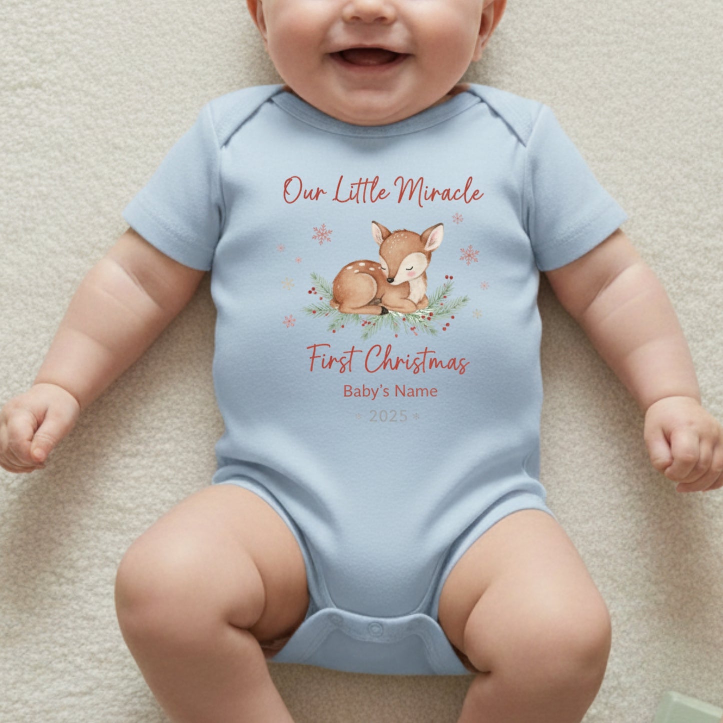 Our Little Miracle First Christmas Baby Onesie - Personalized Deer Design Bodysuit - Custom Name & Year Holiday Baby Gift 2025