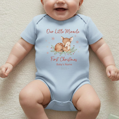 Our Little Miracle First Christmas Baby Onesie - Personalized Deer Design Bodysuit - Custom Name & Year Holiday Baby Gift 2025