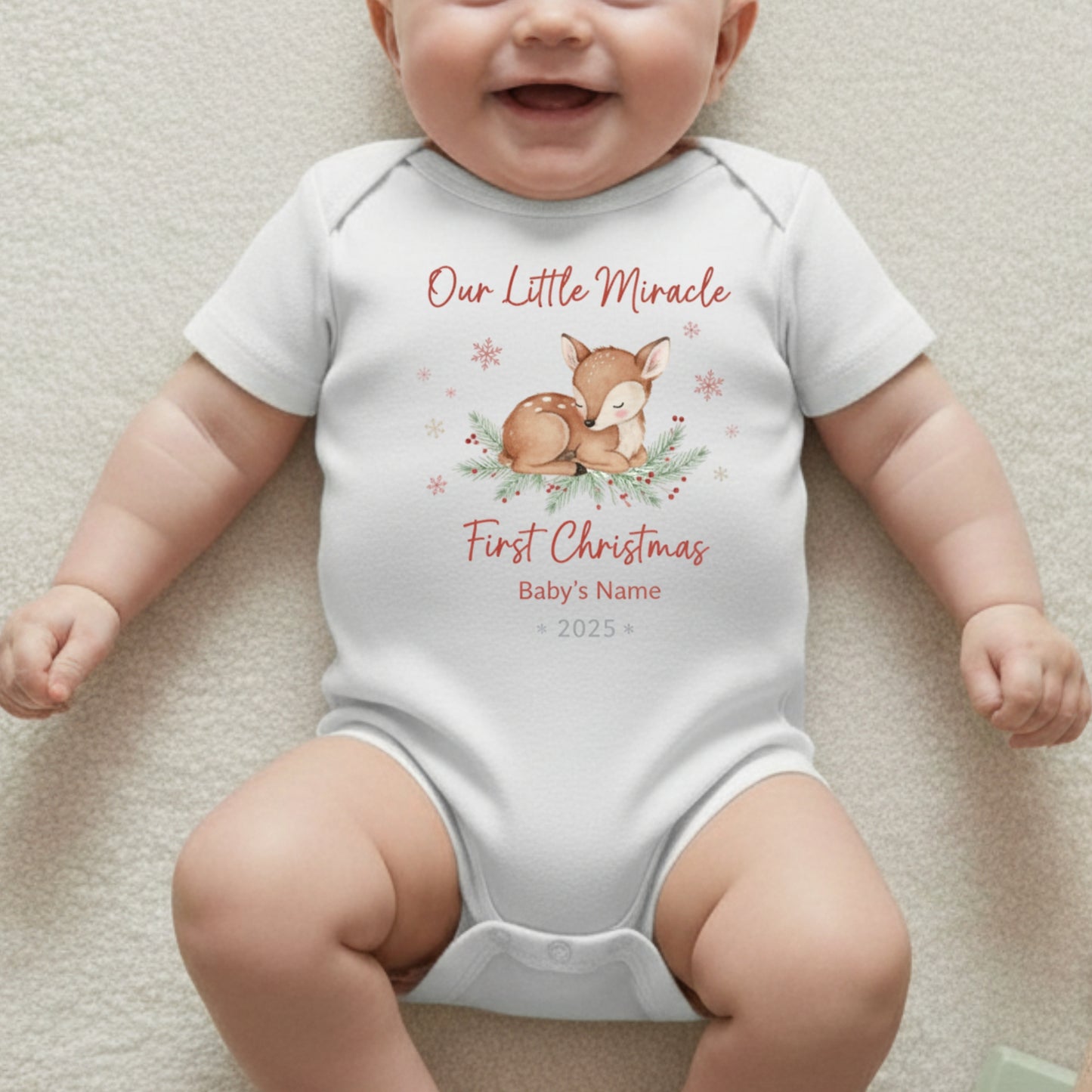 Our Little Miracle First Christmas Baby Onesie - Personalized Deer Design Bodysuit - Custom Name & Year Holiday Baby Gift 2025