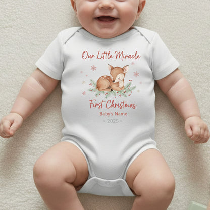 Our Little Miracle First Christmas Baby Onesie - Personalized Deer Design Bodysuit - Custom Name & Year Holiday Baby Gift 2025