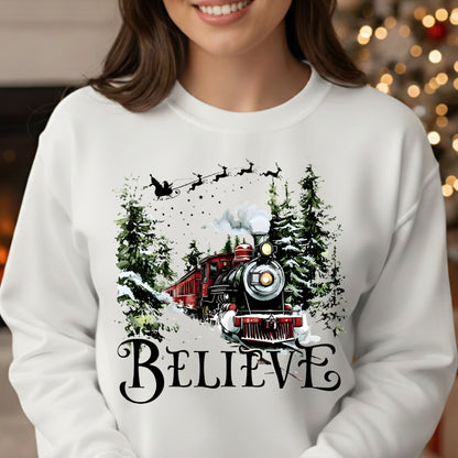 Believe Christmas Train Sweatshirt - Vintage Santa Sleigh Holiday Crewneck Pullover