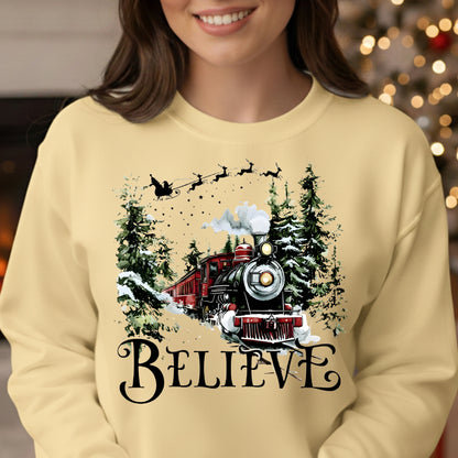 Believe Christmas Train Sweatshirt - Vintage Santa Sleigh Holiday Crewneck Pullover