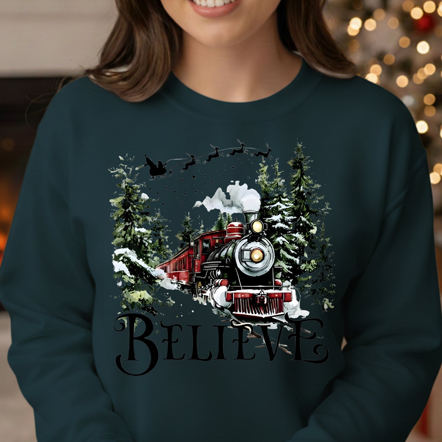 Believe Christmas Train Sweatshirt - Vintage Santa Sleigh Holiday Crewneck Pullover