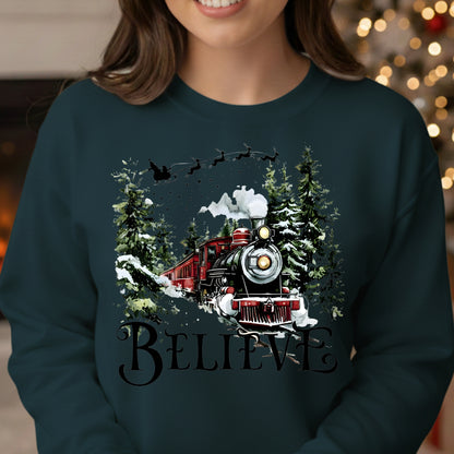 Believe Christmas Train Sweatshirt - Vintage Santa Sleigh Holiday Crewneck Pullover