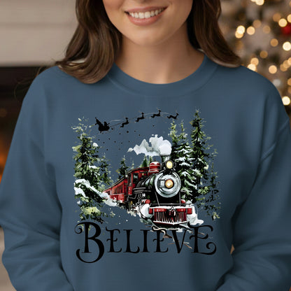 Believe Christmas Train Sweatshirt - Vintage Santa Sleigh Holiday Crewneck Pullover