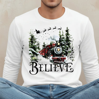 Believe Christmas Train Sweatshirt - Vintage Santa Sleigh Holiday Crewneck Pullover