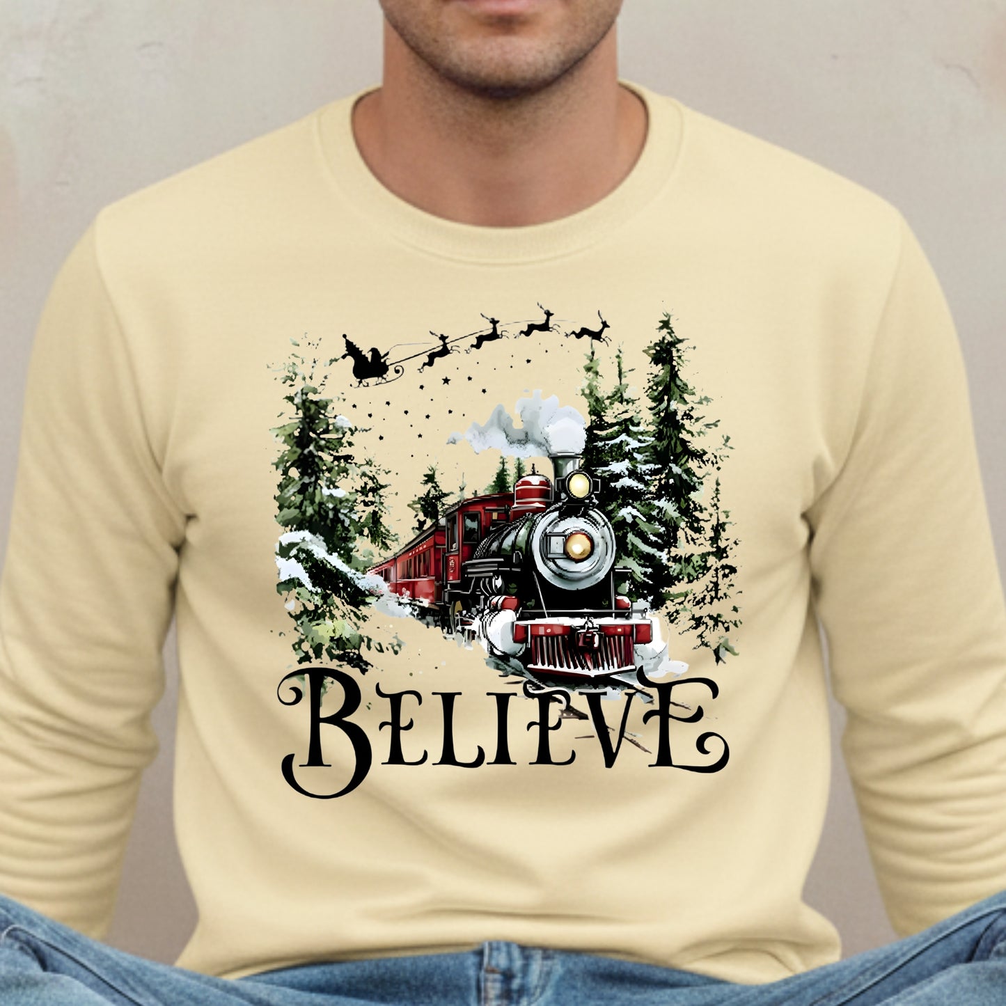 Believe Christmas Train Sweatshirt - Vintage Santa Sleigh Holiday Crewneck Pullover
