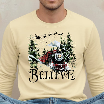 Believe Christmas Train Sweatshirt - Vintage Santa Sleigh Holiday Crewneck Pullover