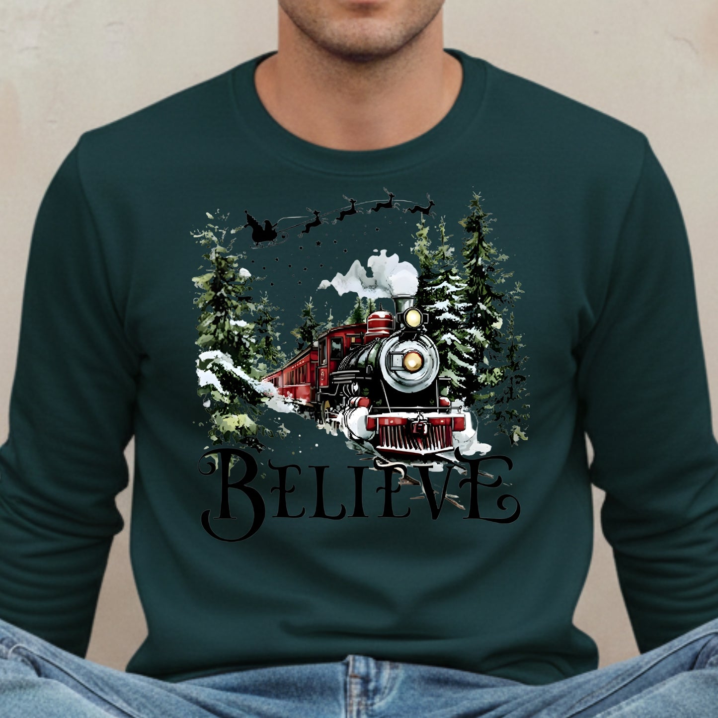 Believe Christmas Train Sweatshirt - Vintage Santa Sleigh Holiday Crewneck Pullover