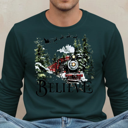 Believe Christmas Train Sweatshirt - Vintage Santa Sleigh Holiday Crewneck Pullover