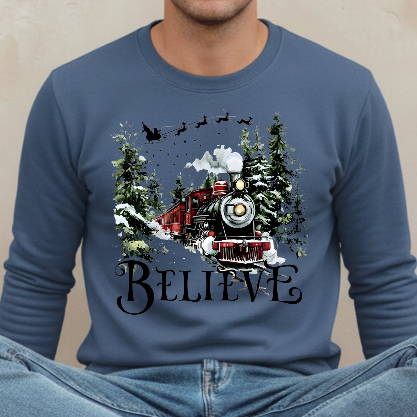 Believe Christmas Train Sweatshirt - Vintage Santa Sleigh Holiday Crewneck Pullover