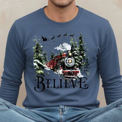 Believe Christmas Train Sweatshirt - Vintage Santa Sleigh Holiday Crewneck Pullover