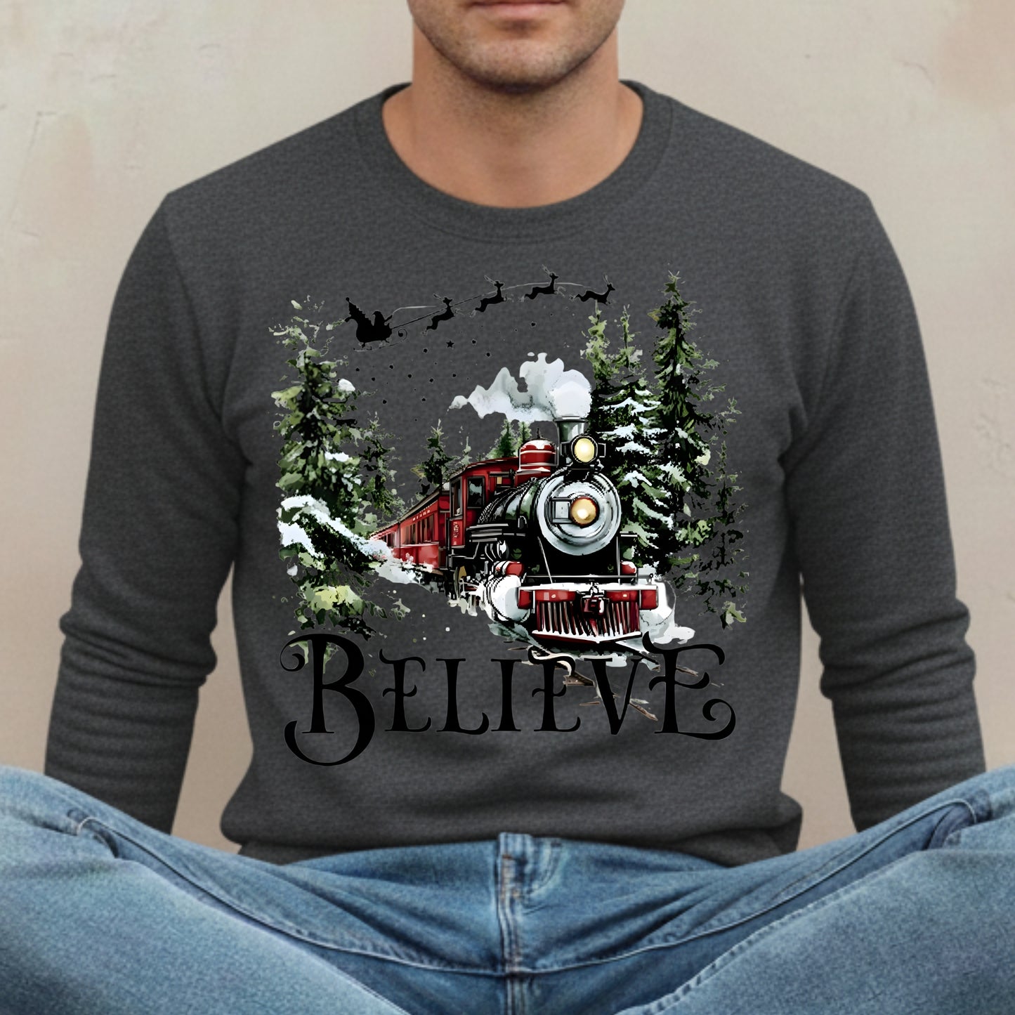 Believe Christmas Train Sweatshirt - Vintage Santa Sleigh Holiday Crewneck Pullover