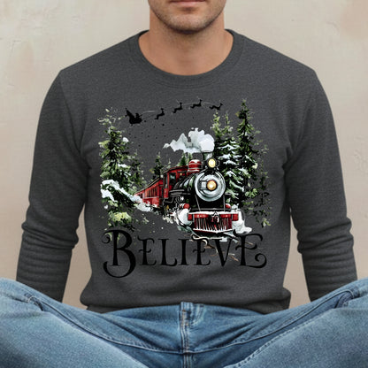 Believe Christmas Train Sweatshirt - Vintage Santa Sleigh Holiday Crewneck Pullover
