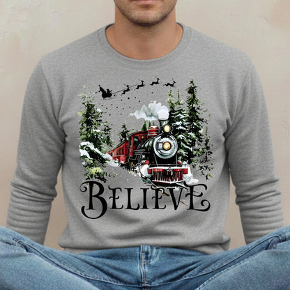 Believe Christmas Train Sweatshirt - Vintage Santa Sleigh Holiday Crewneck Pullover