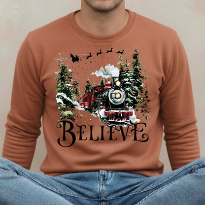 Believe Christmas Train Sweatshirt - Vintage Santa Sleigh Holiday Crewneck Pullover