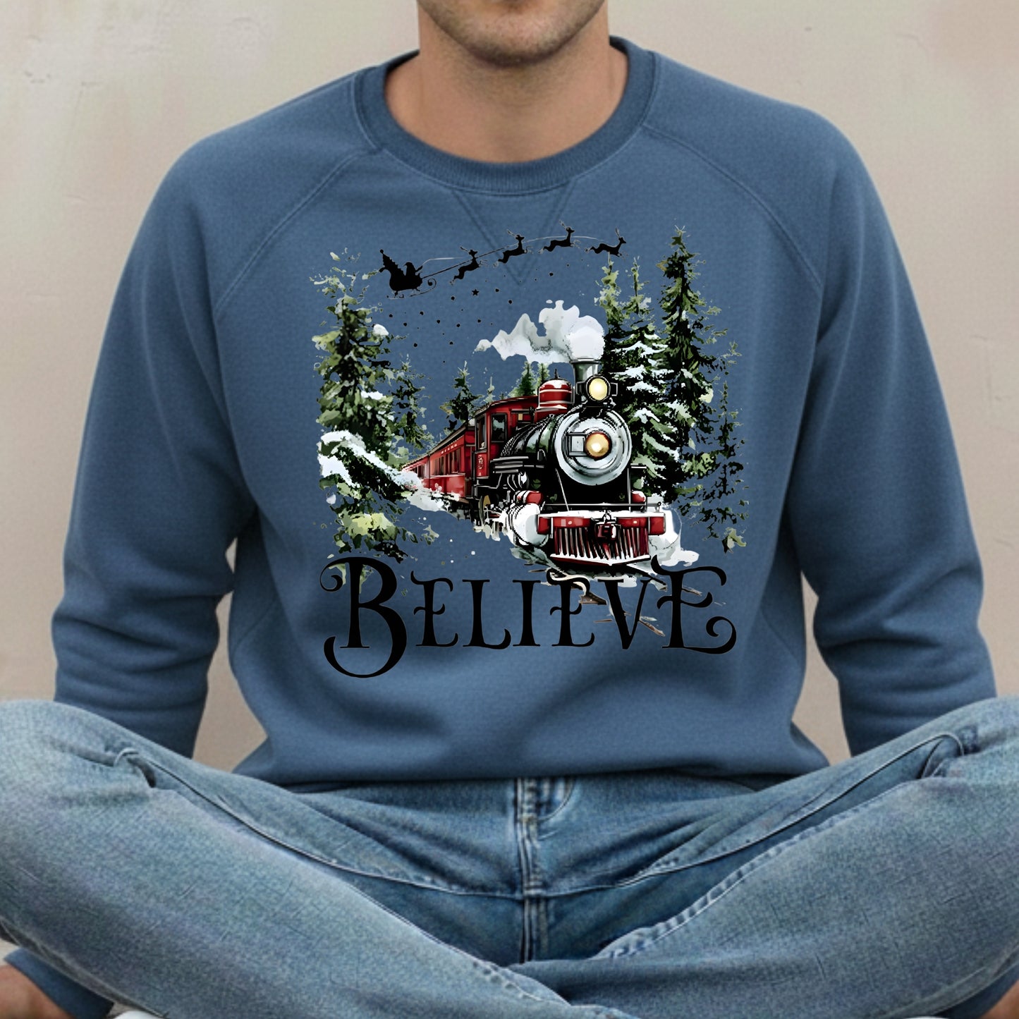 Believe Christmas Train Sweatshirt - Vintage Santa Sleigh Holiday Crewneck Pullover