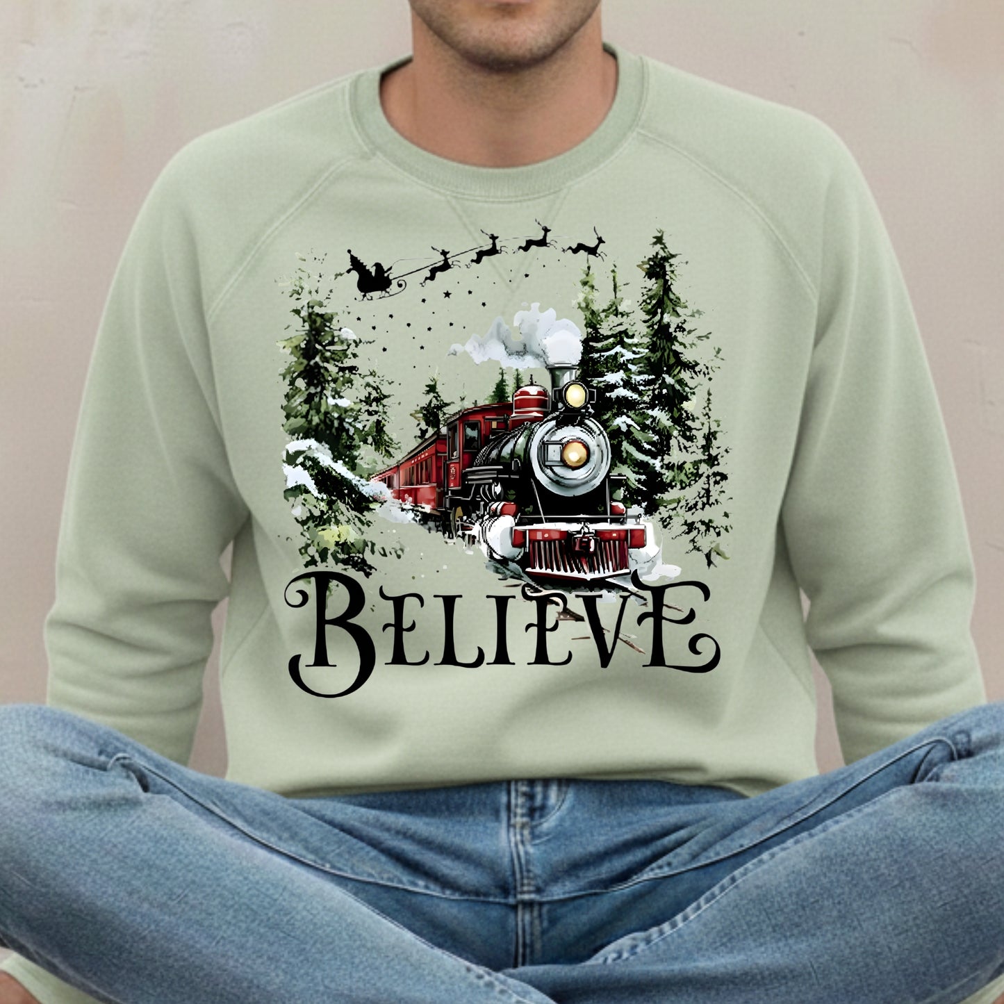 Believe Christmas Train Sweatshirt - Vintage Santa Sleigh Holiday Crewneck Pullover