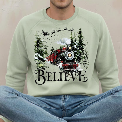 Believe Christmas Train Sweatshirt - Vintage Santa Sleigh Holiday Crewneck Pullover