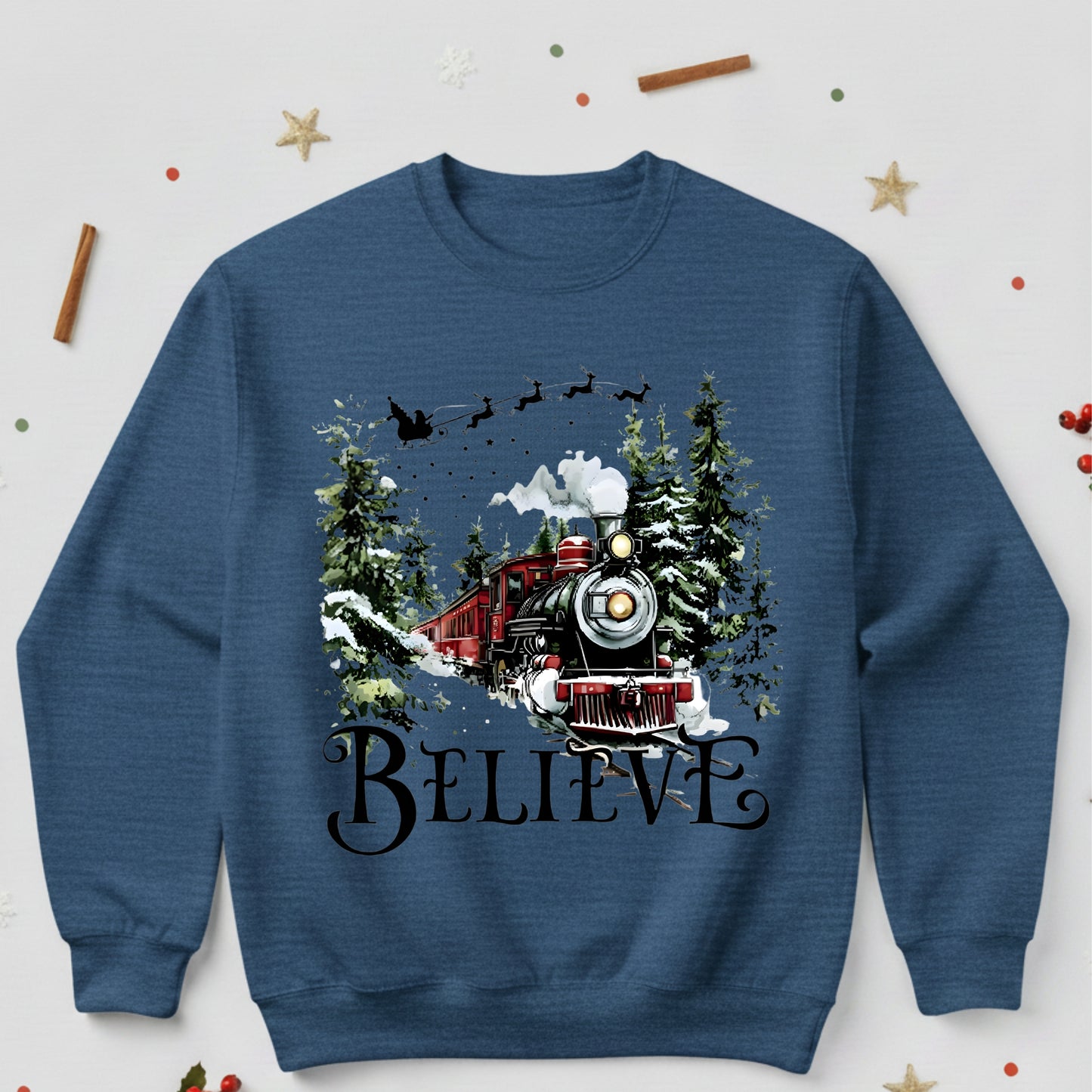 Believe Christmas Train Sweatshirt - Vintage Santa Sleigh Holiday Crewneck Pullover