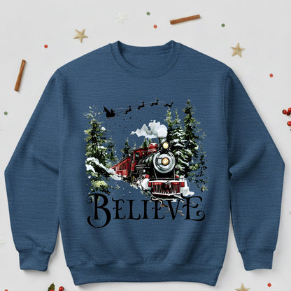 Believe Christmas Train Sweatshirt - Vintage Santa Sleigh Holiday Crewneck Pullover