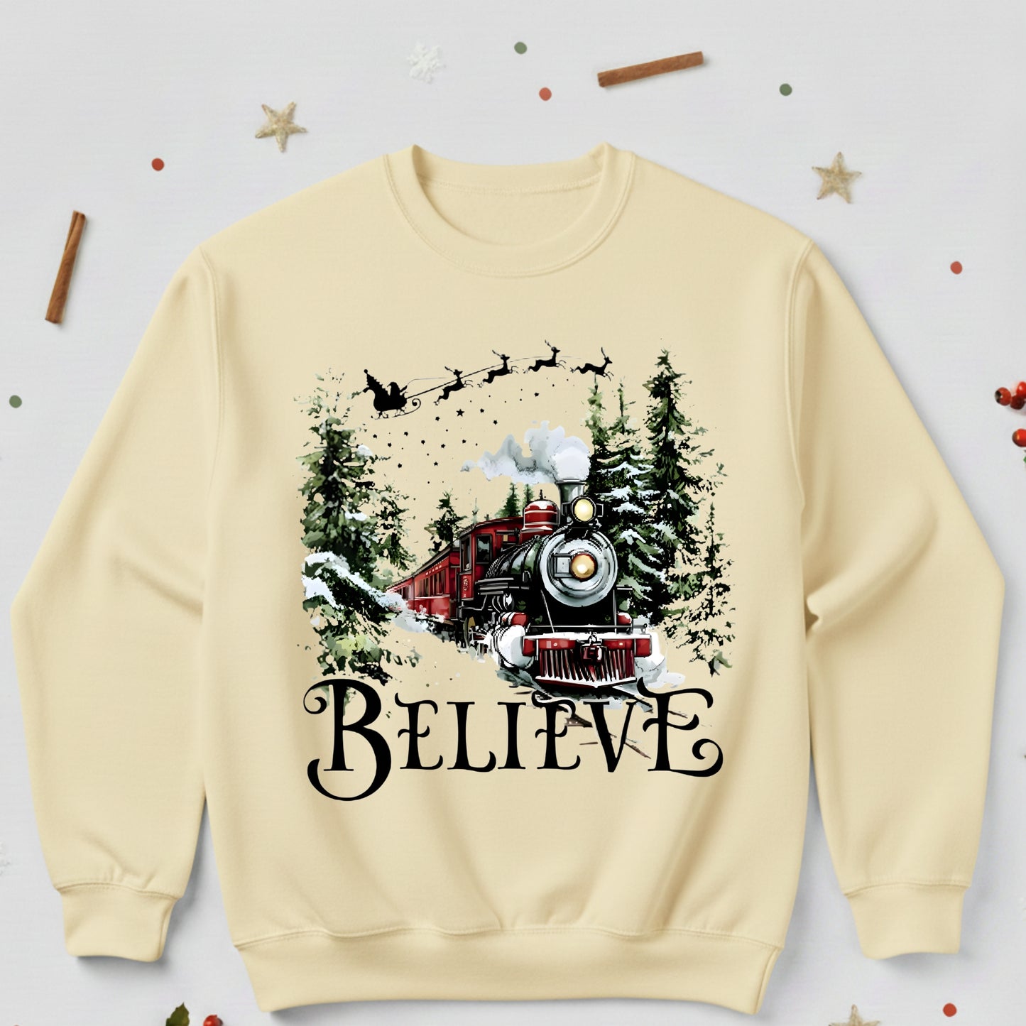 Believe Christmas Train Sweatshirt - Vintage Santa Sleigh Holiday Crewneck Pullover