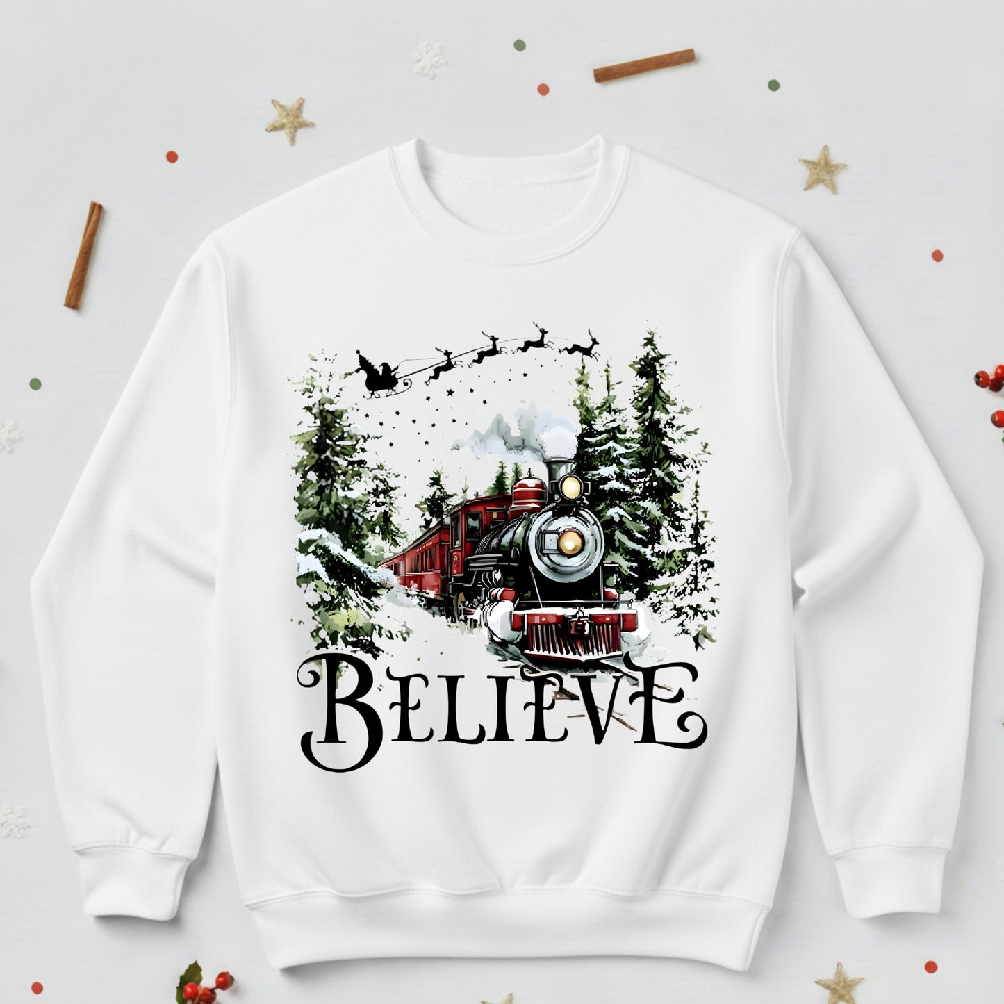 Believe Christmas Train Sweatshirt - Vintage Santa Sleigh Holiday Crewneck Pullover