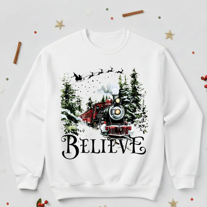 Believe Christmas Train Sweatshirt - Vintage Santa Sleigh Holiday Crewneck Pullover