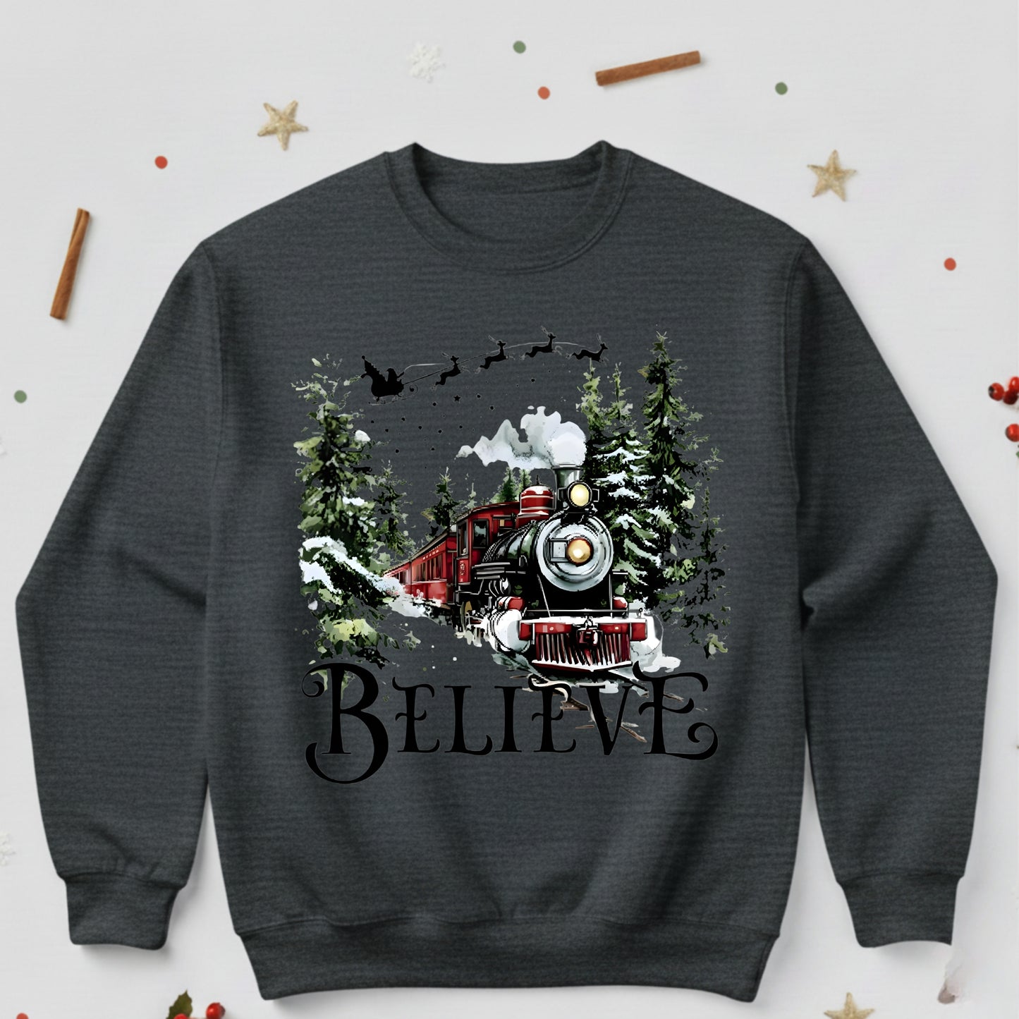 Believe Christmas Train Sweatshirt - Vintage Santa Sleigh Holiday Crewneck Pullover