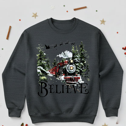 Believe Christmas Train Sweatshirt - Vintage Santa Sleigh Holiday Crewneck Pullover