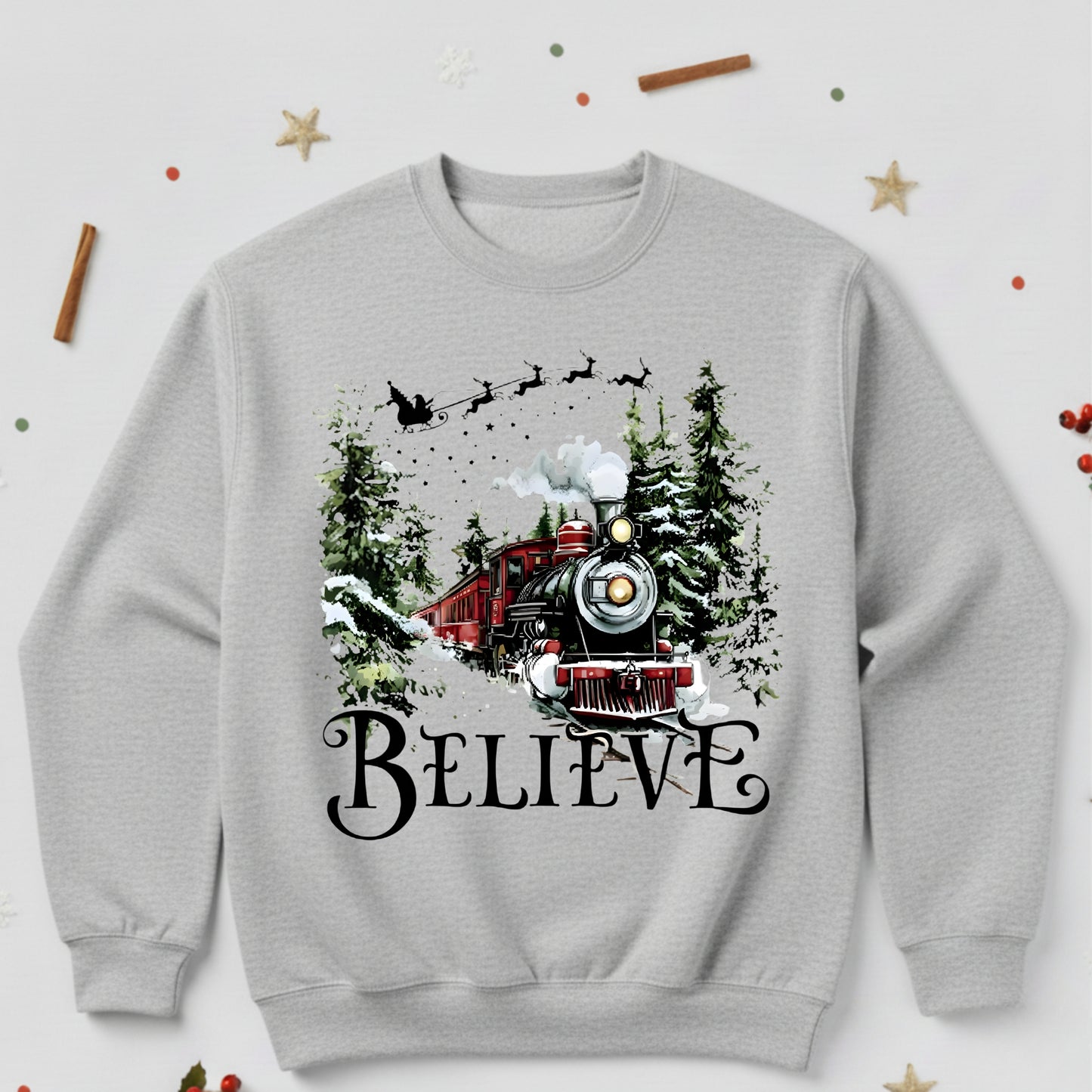 Believe Christmas Train Sweatshirt - Vintage Santa Sleigh Holiday Crewneck Pullover