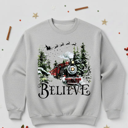 Believe Christmas Train Sweatshirt - Vintage Santa Sleigh Holiday Crewneck Pullover