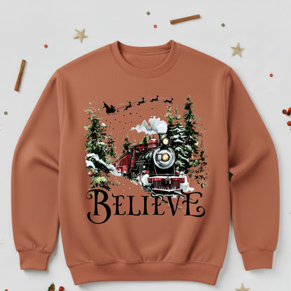Believe Christmas Train Sweatshirt - Vintage Santa Sleigh Holiday Crewneck Pullover