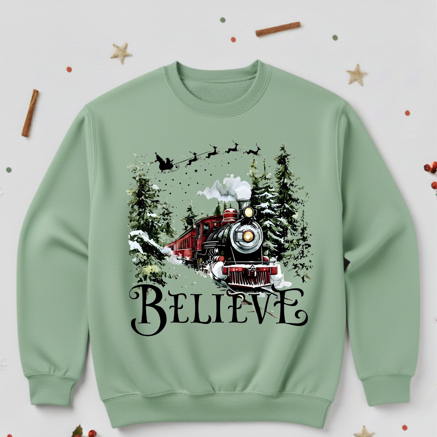 Believe Christmas Train Sweatshirt - Vintage Santa Sleigh Holiday Crewneck Pullover