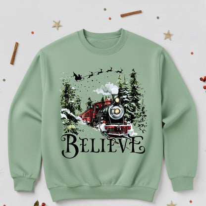 Believe Christmas Train Sweatshirt - Vintage Santa Sleigh Holiday Crewneck Pullover