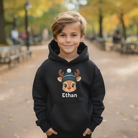 Custom Kids Christmas Hoodie - Cute Reindeer Design