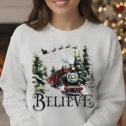 Believe Christmas Train Sweatshirt - Vintage Santa Sleigh Holiday Crewneck Pullover